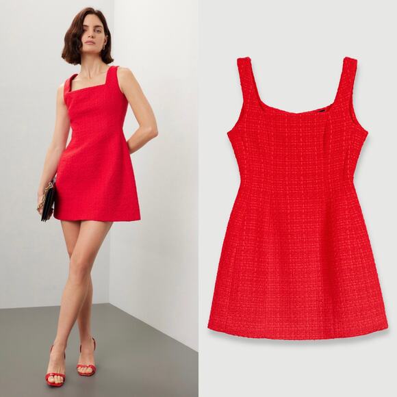 Maje Dresses & Skirts - MAJE Ribala Tweed Square Neck Mini Dress in Red Size Large